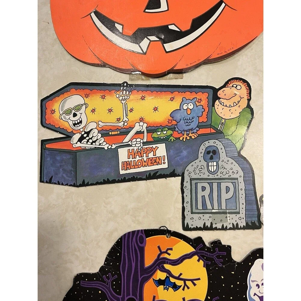 Vtg Beistle Halloween Decorations Die Cut Punch Out Ghosts Cat Jack-o-lantern